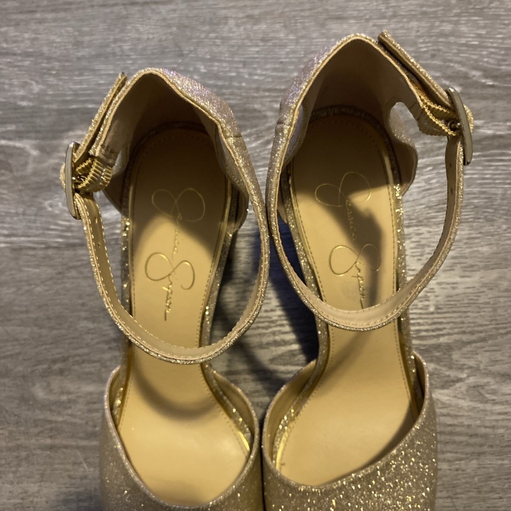 JESSICA SIMPSON "SHERRON" ANKLE STRAP BLOCK HEEL SANDAL GOLD GLITTER FINISH 10M - Picture 6 of 16